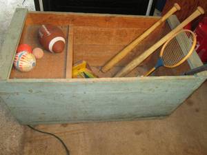 lot 61 image: Wood box with vintage toys...