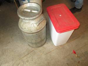 lot 72 image: Milk can and plastic storage bins...
