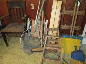 lot 167 image: Antique chair yard tools step ladde...