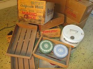 lot 168 image: Wood fruit crates vintage Tins and ...