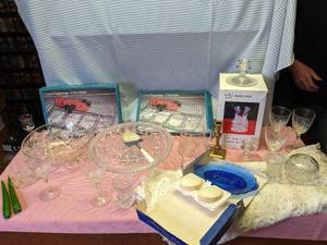 lot 300 image: Glassware (brass candle holder, cry...