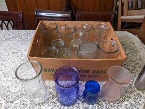 lot 201 image: Box of Glass Vases, one Small Blue ...