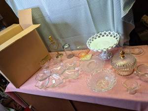 lot 276 image: Milk Glass Cake Tray, Glass Candy a...