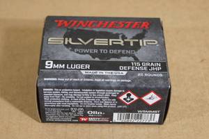 lot 16 image: 20 Winchester Silvertip 9mm Luger 115 Gr Defense JHP Ammo