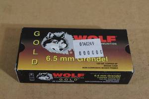 lot 27 image: 20 Wolf Gold 6.5mm Grendel 123 Gr Copper SP Brass Case Ammo