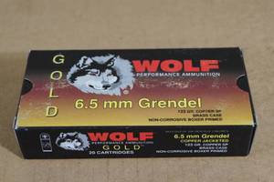 lot 28 image: 20 Wolf Gold 6.5mm Grendel 123 Gr Copper SP Brass Case Ammo