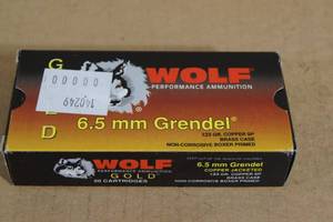 lot 29 image: 20 Wolf Gold 6.5mm Grendel 123 Gr Copper SP Brass Case Ammo