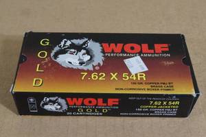 lot 42 image: 20 Wolf Gold 7.62 x 54R 150 Gr FMJ BT Brass Case Ammo