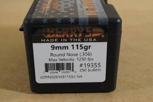 lot 113 image: 250 Berrys 9mm .356 115 Gr RN Bullets