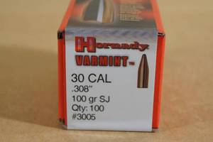 lot 120 image: 100 Hornady Varmint 30 Cal .308 100 Gr SJ Bullets