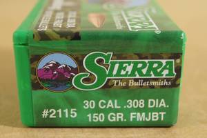 lot 122 image: 100 Sierra Game King 30 Cal .308 150 Gr FMJ BT Bullets