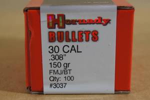 lot 125 image: 100 Hornady 30 Cal .308 150 Gr FMJ BT Bullets