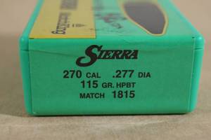 lot 128 image: 100 Sierra Game King 270 Cal .277 115 Gr HP BT Match Bullets