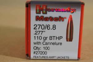 lot 129 image: 100 Hornady Match 2706.8 .277 110 Gr BT HP Bullets with Cannelure