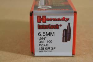 lot 131 image: 100 Hornady Interlock 6.5mm .264 129 Gr SP Bullets