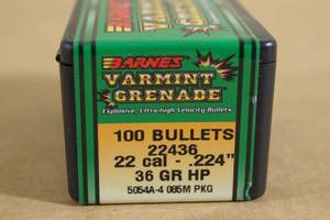 lot 135 image: 100 Barnes Varmint Grenade 22 Cal .224 36 Gr HP Bullets