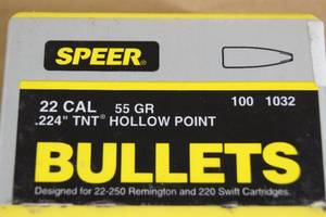 lot 136 image: 100 Speer 22 Cal .224 55 Gr TNT Hollow Point Bullets