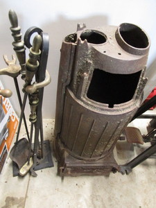 lot 255 image: Queen parlor stove, fireplace tools...