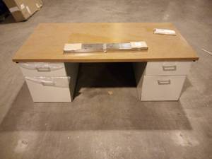 Double Pedestal Steel Desk, Metal Desk, 60w x 30d x 29-12h, CherryPutty - dented back side