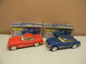 Vintage 2 NEW TOY Deluxe Sedans Heavy Gauge MF 316 Blue & Red Diecast Friction Cars w box - NICE PIECES - SEE PICTURES
