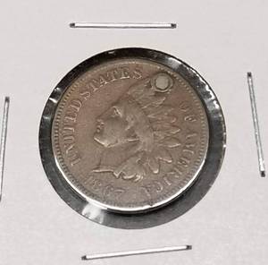 1867 INDIAN HEAD CENT FINE DETAILS HOLED & PLUGGED