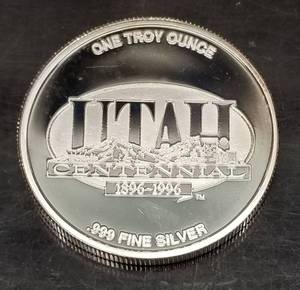 1 TROY OZ .999 FINE SILVER UTAH CENTENNIAL 1896-1996