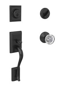 lot 28 image: SCHLAGE Custom Addison Matte Black Single Cylinder Door Handleset with Hobson Glass Door Knob