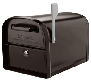 lot 91 image: ARCHITECTURAL MAILBOXES Oasis 360-Degree Rubbed Bronze Locking Parcel Mailbox with 2-Access Doors and Graphite Flag