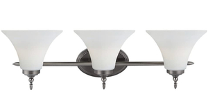 lot 98 image: GENERATIONAL LIGHTING Montreal 3 Light 27 inch Antique Brushed Nickel Bath Vanity Wall Light in Etched, White Inside Glass