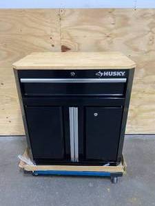 lot 16 image: HUSKY 24-Gauge Steel 1-Drawer 2-Door Garage Base Cabinet in Black (28 in. W x 33 in. H x 18 in. D)