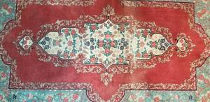 Raspberry and Mint Oriental Area Rug  69 x 48