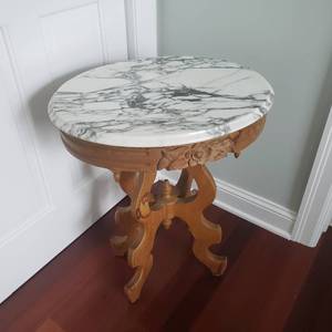 Antique Marble Top Carved Rose Victorian Side Table