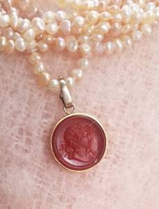 Seven Strand Blush Pearl Necklace with Carnelian Cameo Pendant