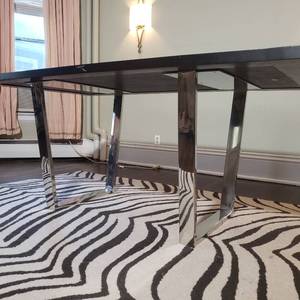 Arhaus Dining Table with Ebony Barnwood Top and Contemporary Chrome Base