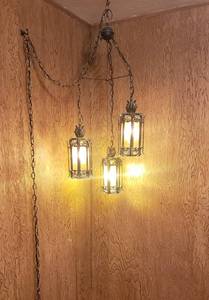 lot 12 image: Gothic Chain Chandelier with Amber Glass Pane
