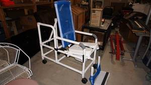 Tilt N Space Royal Blue Shower Chair W Open Front Soft Seat And Double Drop Arm And 10 Qt. Slide Out Commode Pail--Appears To Be New