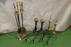 lot 151 image: Brass Accent Fireplace Tool Kit with Wood Racks