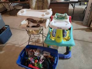 2 baby walkers, 2 high chairs, blue...