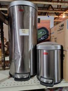 2 metal round garbage cans with ste...