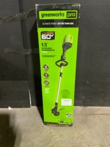 lot 56 image: Greenworks PRO 13 in. 60V Battery Cordless TORQDRIVE Brushless String Trimmer with 2.0 Ah Battery and Charger. See Pictures