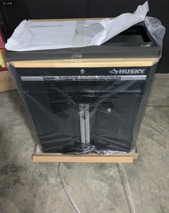 lot 62 image: Husky Ready-to-Assemble 24-Gauge Steel 1-Drawer 2-Door Garage Base Cabinet in Black (28 in. W x 33 in. H x 18 in. D). See Pictures