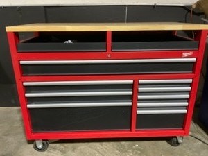 lot 66 image: Milwaukee High Capacity 52 in. 11-Drawer Tool Chest Mobile Workbench with Clamp-Ready Wood Top. See Pictures