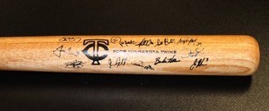 lot 30 image: Minnesota Twins 2008 Facsimile SGA Commemorative Bat