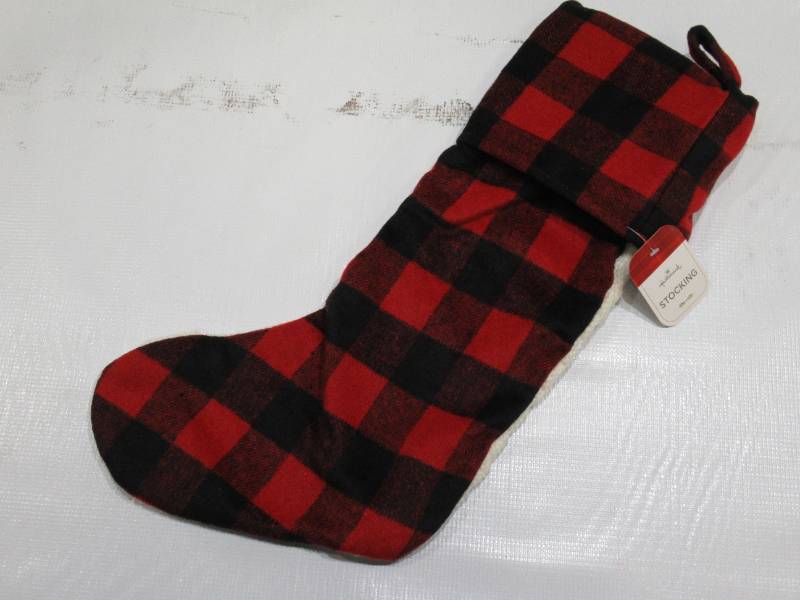 lot 936 image: HALLMARK Christmas Knit Stocking with Plaid Cuff Color WhiteBlackRed