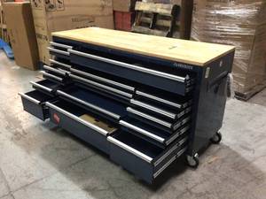 lot 1 image: 72 in. 18-Drawer Mobile Workbench with Solid Wood Top in Gloss Blue by HuskyCustomer Returns See  Pictures