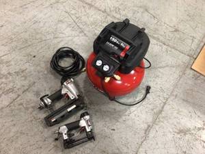 lot 5 image: 6 Gal. Portable Electric Air Compressor with  Nailer Combo Kit by Porter-Cable Customer Returns See Pictures