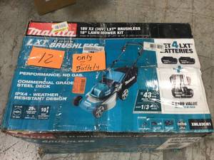 lot 12 image: 18 in. 18-Volt X2 (36-Volt) LXT Lithium-Ion Cordless Walk Behind Push Lawn Mower Kit with 2 Batteries (4.0 Ah) by Makita Customer Returns See Pictures