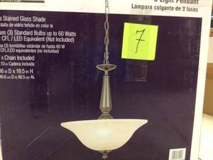 lot 107 image: Commercial Electric 3-Light Oil Rubbed Bronze Pendant with Tea-Stained Glass Shade not used