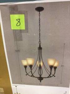 lot 108 image: Hampton Bay 15-W 5-Light Tea Stained Glass Shades Oil Rubbed Bronze Chandelier not used