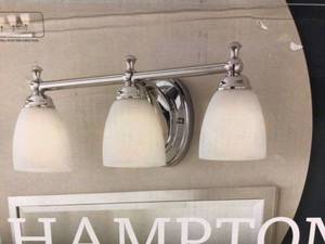lot 110 image: Hampton Bay Solomone 3-Light Polished Chrome Vanity Light with Opal Glass Shades